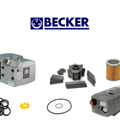 Image showing the Becker logo and various Becker vacuum pump parts, including pumps, a rotor with vanes, a filter, O-rings, and sealing components, all arranged on a white background.