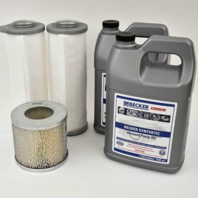 Two large jugs of Becker synthetic vacuum pump oil and three different types of air filters are displayed on a white surface.