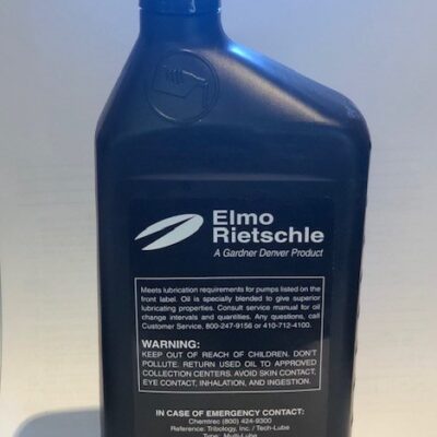 A black plastic bottle labeled "Elmo Rietschle" containing oil, with warnings and emergency contact information printed in white text on the front. The bottle has a screw cap and a rectangular shape.