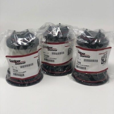 Three Gardner Denver air filter elements, each individually wrapped in clear plastic packaging, are arranged side by side against a plain white background.