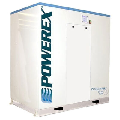 A large, white industrial machine labeled "POWEREX" with blue accents and a display screen; it is the Powerex, Inc. SED1007 10HP Air Compressor Oilless Scroll Pump (P/N SED1007).