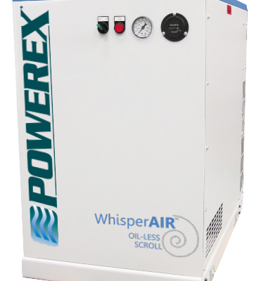 A white Powerex WhisperAIR oil-less scroll air compressor with a blue top, control buttons, a gauge, and ventilation panels on the side.