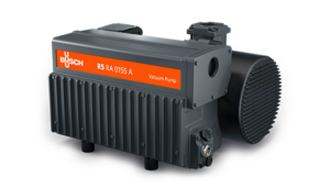 A Busch R5 RA 0155A Lubricated Rotary Vane Pump in gray with an orange label, black cooling fins, and a cylindrical motor on the right side is shown against a light background.