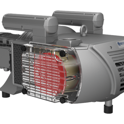 A 3D rendering of the Becker Pumps VTLF 2.500 Rotary Vane Vacuum Pump shows a metallic gray body, protective grill displaying internal parts, two cylindrical sections on top, and the Becker logo on the side.