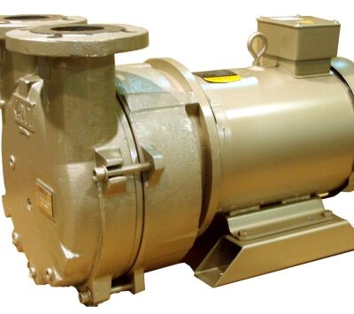 The Dekker Vacuum Technologies DV0100D-MB4-SGL is a metallic industrial vacuum pump featuring a cylindrical body, two large pipe flanges on top, and an attached motor mounted on a rectangular base.