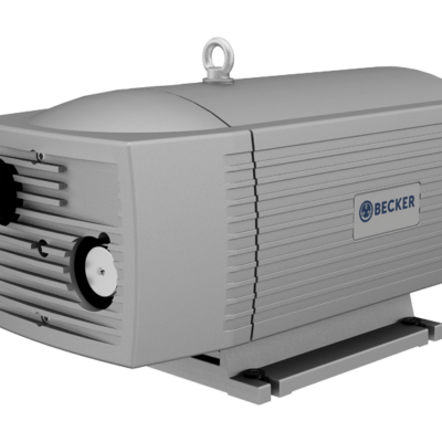 The Becker Pumps VT4.40 Rotary Vane Vacuum Pump & Motor (P/N G027221) is a gray unit with ribbed housing, "Becker" labeling, a black rotary knob, white dial on the front, and a lifting eye on top.