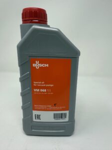 A gray plastic bottle with a red cap labeled "Busch VM 068 Oil 1 Liter (P/N 0831.102.492)" stands upright against a plain white background.
