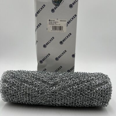 A roll of tightly woven metallic mesh is shown in front of a white box labeled "Becker Pumps Coarse Separator (P/N 50600026400)" against a plain white background.