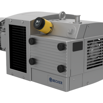 The Becker Pumps KDT 3.140 Rotary Vane Compressor and Motor is a gray unit with cooling fins, a yellow cap, top metal lifting ring, vented side panel, and multiple black bolts, all featuring the "Becker" label.
