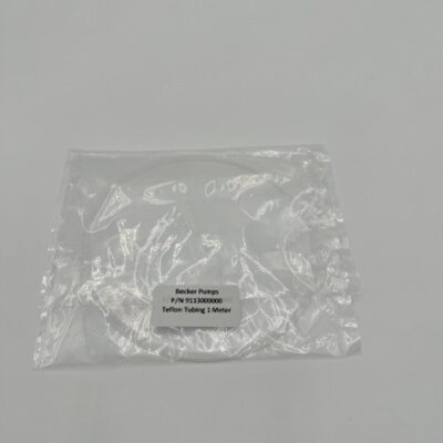 A clear plastic bag labeled "Becker Pumps Teflon Tube 45.0x2x148.0 (P/N 91131000000)" lies flat on a plain white surface.