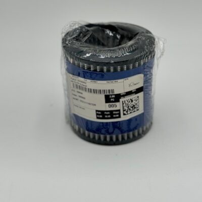 A Quincy Compressor Air Filter Element (P/N 2023400852), cylindrical and wrapped in plastic with a blue label showing a barcode, QR code, and product info, is placed on a plain white background.