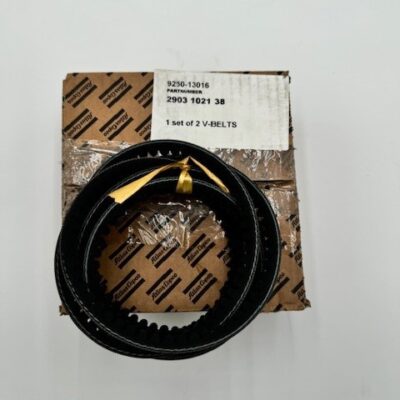 A set of two Atlas Copco V-Belts (P/N 2903 1021 38) with a yellow tie are placed on a patterned cardboard box, with part numbers and labels visible, all set against a plain white background.