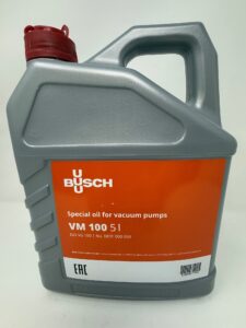 A gray 5-liter container of Busch VM 100 Oil (P/N 0831.000.059), which replaces R530, for vacuum pumps, featuring a red cap and an orange label with product specifications.