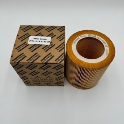 An Atlas Copco Air Filter Element (P/N 1613 8720 00) is shown beside its branded box on a white background.