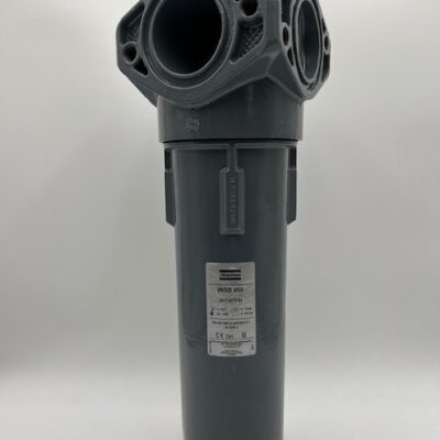 The Atlas Copco WSD250 Water Separator (P/N 1613 9370 83) is shown with a gray cylindrical housing, three large circular ports at the top, and a specifications label, photographed against a plain white background.