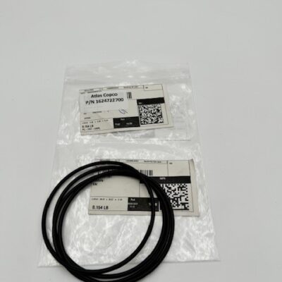 A sealed plastic bag containing a black rubber Atlas Copco O-Ring (P/N 1624722700), labeled with the part number, QR code, and barcode, placed on a white background.