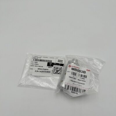 An Atlas Copco Silencer (P/N 1624725800) is shown with its white label beside a Norgren industrial part labeled "MB003B," all placed on a plain white background.