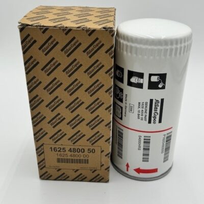A boxed Atlas Copco Oil Filter (P/N 1625 4800 50) is placed beside a white cylindrical filter featuring the Atlas Copco logo and installation instructions.