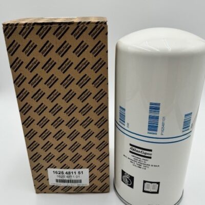 A boxed and unboxed Atlas Copco Oil Separator (P/N 1625 4811 51) are displayed on a white background, with the part number visible on the box label.