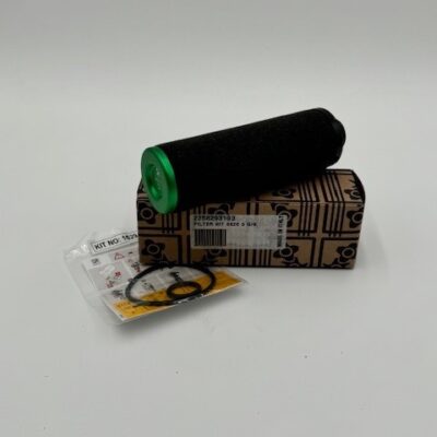 An Atlas Copco Filter Kit Size 3 G/S (P/N 2258293103), featuring a black cylindrical filter with a green cap, is displayed on a patterned box beside a clear bag of small parts and a paper label, all against a white background.