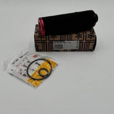 An Atlas Copco Filter Kit Size 3 C/D (P/N 2258293203) sits on a patterned box, with a plastic bag of O-rings and an instruction sheet nearby, all displayed against a plain white background.