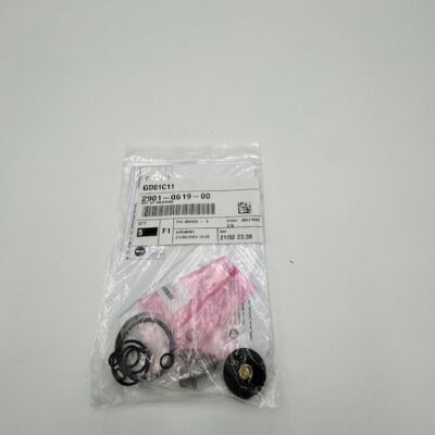 A clear plastic bag contains Atlas Copco EWD 75 Wearing Parts (P/N 2901061900), including black rubber rings and metal components, with a white label displaying barcodes, part numbers, and item details.