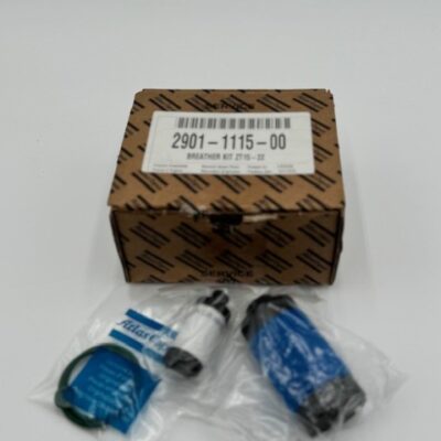 A brown box labeled "Atlas Copco ZT15-22 Breather Kit (P/N 2901 1115 00)" is shown with three plastic-wrapped parts: a blue filter, a small white cylinder, and a green-and-blue item placed in front of the box.