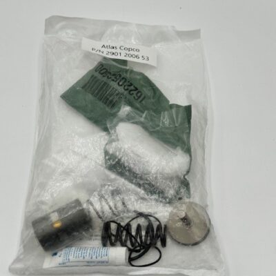 A sealed plastic bag labeled "Atlas Copco Minimum Pressure Valve Service Kit (P/N 2901 2006 53)" contains assorted small mechanical parts, a spring, a tube of lubricant, and a green packet, displayed on a white background.
