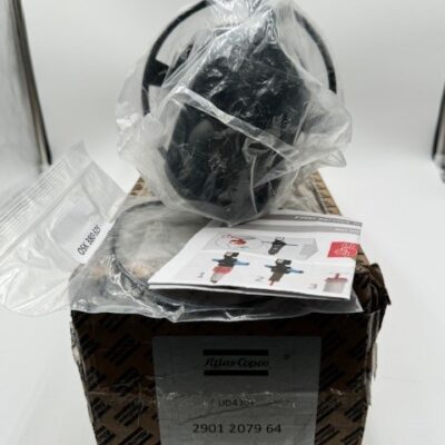 A sealed Atlas Copco box labeled "2901 2079 64" contains an Atlas Copco UD 75+ Coalescing Filter, a black item wrapped in plastic, an instruction sheet, and a small plastic bag.