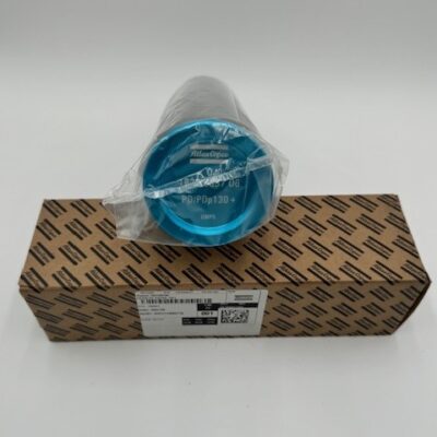 An Atlas Copco Filter Kit PD/PDP 130+ (P/N 2901 3001 06), wrapped in plastic and cylindrical in shape, is set atop a rectangular, patterned brown shipping box. Both are displayed on a plain white surface.