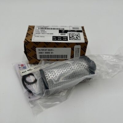 An Atlas Copco QD20+ Filter Kit (P/N 2901 2005 01) featuring a metallic cylindrical filter wrapped in plastic is shown in front of a labeled brown cardboard box with a barcode.