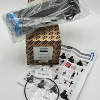 The Atlas Copco Filter Kit DD110+ (P/N 2901 2079 15) includes a sealed filter, labeled box, instruction sheet with diagrams, and a plastic bag with a black O-ring, all arranged on a white surface.