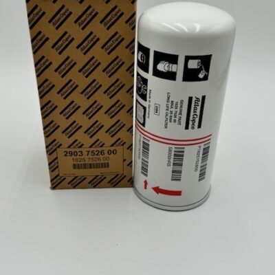 An Atlas Copco Oil Filter (P/N 2903 7526 00), cylindrical and white with a label and barcode, stands beside its brown branded box, both displayed on a plain white background.