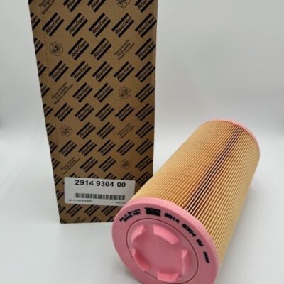 The Atlas Copco Air Filter Element (P/N 2914 9304 00), a cylindrical pleated filter with pink ends, is shown in front of a brown branded box on a white background.