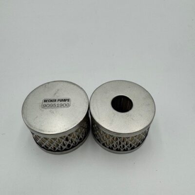 Two cylindrical Becker Pumps dust separating cartridges (P/N 90951900) with mesh sides are shown on a white background; one displays product text, and the other features a circular hole on top.