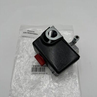 A black pressure switch with a red button sits on a clear plastic bag labeled "Powerex, Inc. Pressure Switch 90-120 (P/N CW207558AV)" on a white surface.