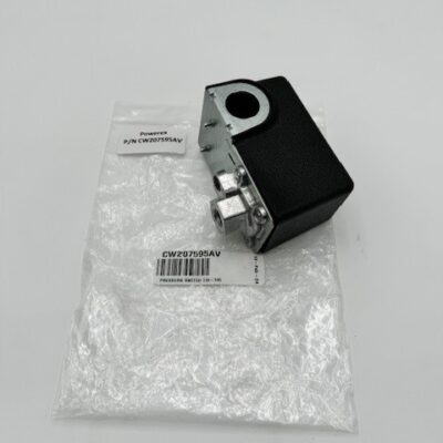 A Powerex, Inc. Pressure Switch 115-145 (P/N CW207595AV), featuring black and silver components, is shown resting on a clear plastic bag with its part number, photographed against a plain white background.
