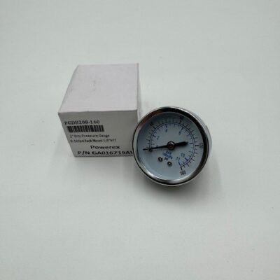 A Powerex, Inc. 2" Dryer Pressure Gauge (P/N GA016719AV) with a white face and black markings sits beside its labeled white box on a plain white surface.