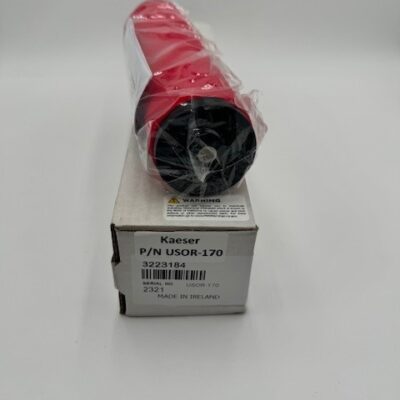 A red cylindrical Kaeser Standard 170 KOR Element (P/N USOR-170), partially wrapped in plastic, sits atop a white box displaying the product label and barcode.