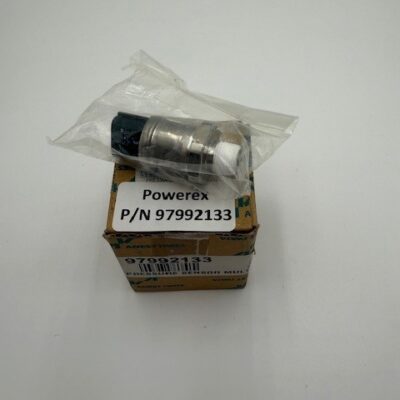 A Powerex, Inc. Pressure Sensor (P/N 97992133)—a small metallic part in a plastic bag—rests atop a brown cardboard box with its part number label, all placed against a plain white background.
