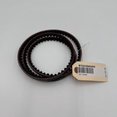 Two brown Powerex, Inc. 3VX-500 belts (P/N BT023900AV) are coiled together on a white surface. One belt has a beige tag with the code "BT023900AAV" and a barcode attached.