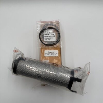 A Powerex, Inc. Carbon Filter Element (P/N ST9404206AV), its brown-labeled box, and a small plastic bag with two black O-rings are arranged on a white surface.