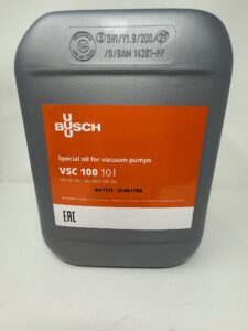 A 10-liter gray container of Busch VSC 100 Oil (P/N 0831210162) for vacuum pumps with an orange and white label, product details, company info, and batch number 32401708.