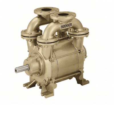 A Dekker Vacuum Technologies DV0750D-KA1 40HP single stage bare shaft pump (P/N DV0750D-KA1) with a cylindrical metallic body, two large curved top pipes, mounting feet, and "DEKKER" label on the upper section.