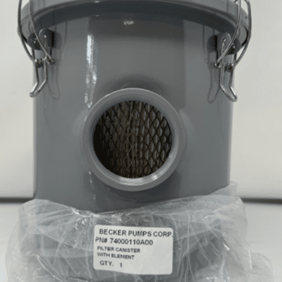 A gray cylindrical Becker Pumps Filter Canister with Element FV 250 2" Connection (P/N 74000110A00) features a metal mesh opening, latch closures, and a front label, wrapped in plastic at the base.