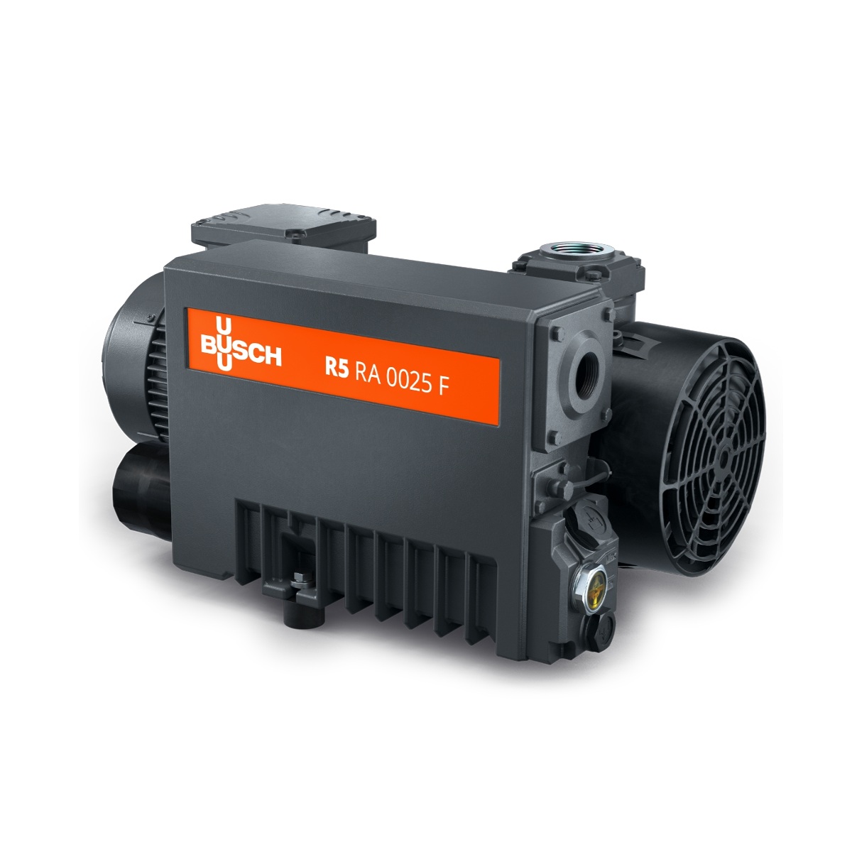 A black and gray Busch RA0205 7.5HP Lubricated Rotary Vane Pump featuring a visible orange label, cooling fan, and various mechanical components.