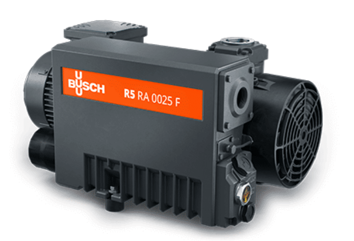 The Busch RA0025 1.5HP Lubricated Rotary Vane Pump is black and gray with an orange label showing the brand and model, a cooling fan, and multiple connection points.