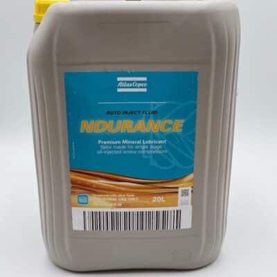 A 20-liter Atlas Copco Roto Inject Fluid Ndurance (P/N 1630091800), a premium mineral lubricant for compression equipment, featuring a yellow cap and blue-orange label.