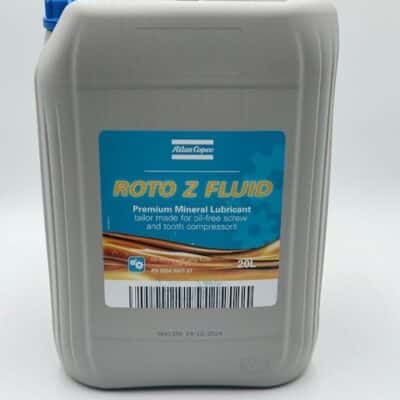 A 20-liter gray Atlas Copco Roto Z Fluid container (P/N 2908850101) with a blue label and secure cap; a premium mineral lubricant for oil-free screw and tooth compressors.