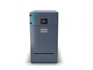 A gray Atlas Copco ZT37 Oil-Free Rotary Tooth Compressor unit with a small display and control buttons on the front, shown on a white background.